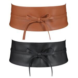 2 Pack Women Faux Leather Wide Belts Fashion Obi Bowknot Lace Up Wrap 4352